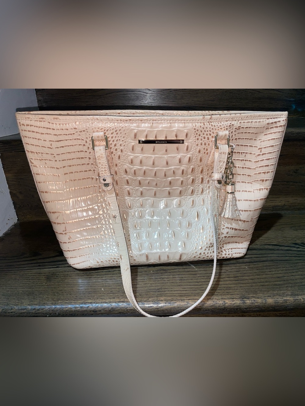 Brahmin Pale Blush light beige Croc-Embossed Tote with Tassel